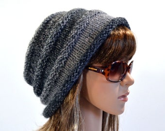 Hand Knit Charcoal Gray Beanie, Striped Beehive Hat, Roll Brim Accordion Hat, Handmade in USA, Adult Size S/M, Ready to Ship