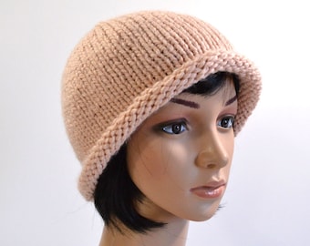 Blush Pink Rolled Brim Hat: Hand Knit Hat, Twenties Style Cloche, Salmon Bucket Hat, Hipster Hat, Handmade in the USA, Ready to Ship
