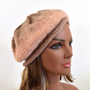 Blush Pink & Tan Beret: Hand Knit Slouchy Tam, Dusty Rose and Mushroom Striped Beret, Fall Hat, Size M, Handmade in the USA, Ready to Ship