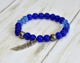 Royal Blue Bracelet with Silver Tassel: Handmade Beaded Bracelet, Stacking Bracelet, Woman's Stretch Bracelet, Made to Order