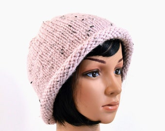 Pink Tweed Rolled Brim Hat: Hand Knit Hat, Twenties Style Cloche, Pink Bucket Hat, Size LARGE, Handmade in the USA, Ready to Ship