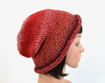 Rust Red Striped Beanie, Hand Knit Slouchy Hat, Rolled Brim Bowler Style, Size S/M, Handmade in the USA, Ready to Ship