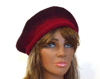 Red & Black Beret: Hand Knit Slouchy Tam, 2-Color Fall Fashion Beret, Man's or Woman's Hat, Size S/M, Ready to Ship, Handmade in the USA