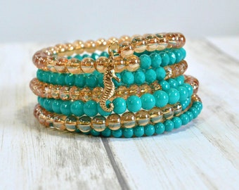 Aqua and Gold Wrap Bracelet: Beaded Memory Wire Bracelet with Seahorse, Handmade Woman's Bracelet, Warm Summer Colors, Ready to Ship