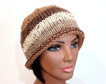 Brown Striped Beanie: Hand Knit Rolled Brim Hat in Neutral Colors, Retro Bowler Hat, Size M, Unisex, Handmade in the USA, Ready to Ship
