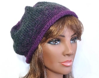 Purple & Gray Beret: Hand Knit Slouchy Tam, Striped Artist Beret, Trendy Fashion Hat, Size M, Wool Blend, Handmade in the USA, Ready to Ship