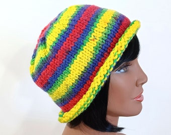 Hand Knit Striped Beanie: Rolled Brim Hat in Bright Primary Colors, Retro Bowler Hat, Size S/M, Handmade in the USA, NEW COLORS!