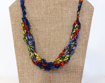 Ladder Yarn Necklace in Bold Primary Colors; Crochet Ribbon Necklace in Blue, Red, Yellow, Purple, Handmade Gift, New Colors Ready to Ship