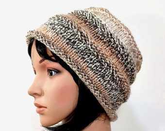 Hand Knit Beehive Hat: Brown & White Roll Brim Beanie, Accordion Hat, Adult Size S/M, Handmade in the USA, Ready to Ship