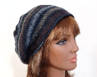 Hand Knit Black Beret: Striped Beret with Metallic Sparkles, Slouchy Tam, Artist Beret, Fall Fashion Hat, Handmade in the USA, Ready to Ship