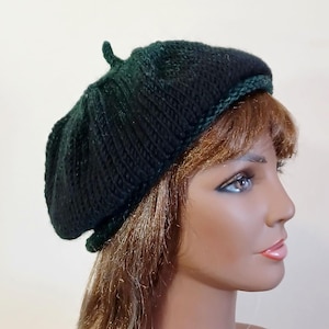 Black & Green Beret: Hand Knit Slouchy Tam, Soft Wool Blend Striped Hat, Size S, Unisex, Handmade in the USA, Ready to Ship
