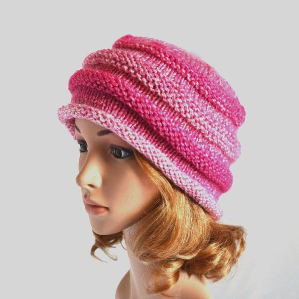 Hand Knit Pink Beanie, Pink Striped Beehive Hat, Roll Brim Hat, Woman's or Girl's Hat, Accordian Hat, Size S, Handmade, Ready to Ship