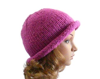 Hand Knit Rolled Brim Hat in Fuchsia: Woman's Retro Beanie, Bright Pink Hat, Hand Knit in the USA, Size S/M, Ready to Ship