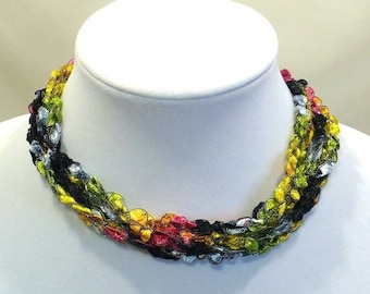 Multicolored Ladder Yarn Necklace: Handmade Fiber Necklace in Stained Glass Colors, Crochet Choker, Adjustable Length, Ready to Ship