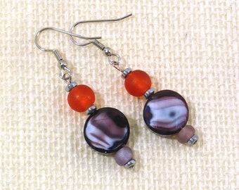 Purple & Orange Drop Earrings; Beaded Dangle Earrings, Women's Earrings, Nickle-Free Ear Wires, Handmade in the USA, Ready to Ship