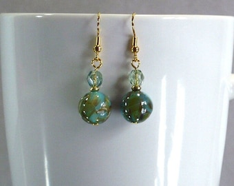 Teal & Gold Drop Earrings: Dyed Shell Earrings with Czech Glass Beads, Gold Plated Nickle-Free Ear Wires, Handmade in the USA