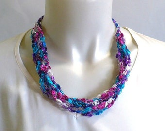 Aqua, Pink & White Ladder Yarn Necklace: Crochet Ribbon Necklace, Sparkly Yarn Necklace, Woman's Fiber Necklace, Handmade Jewelry