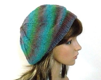 Striped Beret in Tropical Colors: Aqua, Green & Purple Slouchy Tam; Size S/M, Hand Knit Artist Beret with Sparkle, Colorful Knitted Hat