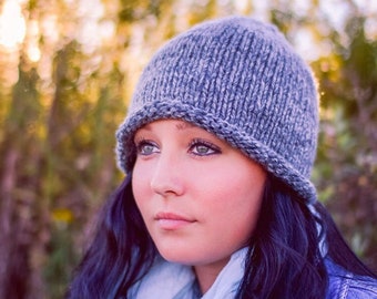 Gray Rolled Brim Hat: Hand Knit Retro Cloche Hat, Soft Knit Beanie, Unisex Style, Adult Size S/M, Handmade in the USA, Ready to Ship