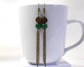 Green Boho Earrings: Dyed Jade Earrings with Chain Fringe, Long Dangle Earrings, Nickle-Free Ear Wires, Handmade in the USA, Ready to Ship