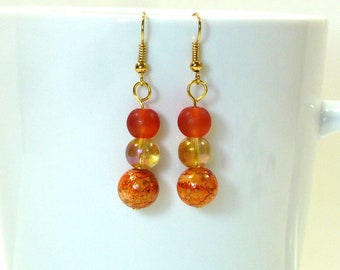 Orange Bead Earrings: Mod Style Glass Drop Earrings, Nickle-Free Ear Wires, Woman's Earrings Handmade in the USA, Ready to Ship