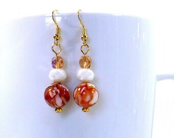 Deep Orange and White Earrings: Dyed Shell & Czech Glass Beads on Nickle-Free Ear Wires, Woman's Dangle Earrings, Handmade, Ready to Ship