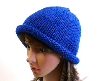 Hand Knit Rolled Brim Hat in Royal Blue: Hipster Beanie, Bright Blue Bucket Hat, Warm Bowler Style Hat, One Size, Ready to Ship