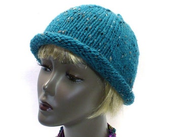 Rolled Brim Tweed Knit Hat in Aqua: Woman's Hand Knit Retro Hat, Cloche Style Hat, Turquoise Knit Hat, Handmade in the USA, Ready to Ship