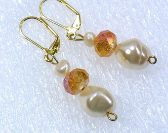 Pearl Drop Earrings: Freshwater Pearl & Czech Glass Dangle Earrings, Nickle-Free Lever Back Ear Wires, Handmade Jewelry, Ready to Ship