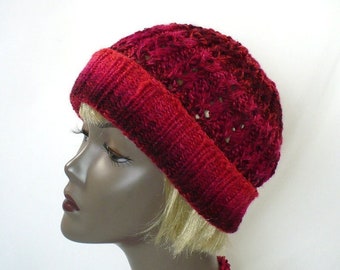 Hand Knit Red Hat: Lacy Woman's Beanie, Slouchy Tam, Red Striped Hat, Woman's Fashion Hat, Handmade in the USA, Ready to Ship