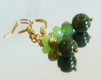 Green Dangle Earrings: Quartzite & Glass Beads on Nickle-Free Ear Wires, Woman's Drop Earrings, Handmade in the USA, Ready to Ship