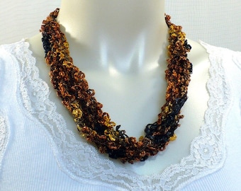Brown Ladder Yarn Necklace: Handmade Yarn Necklace, Curly Boucle Soft Fiber Necklace, Crochet Jewelry, Adjustable, Ready to Ship