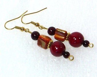 Red Shell Earrings with Natural Shell and Quartzite Beads; Dangle Earrings on Gold Plated Nickle-Free Ear Wires, Jewelry Handmade in the USA