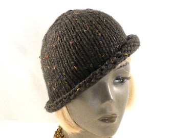 Brown Tweed Bucket Hat: Hand Knit Rolled Brim Hat, Twenties Style Hat, Handmade in the USA, Size S/M, Ready to Ship