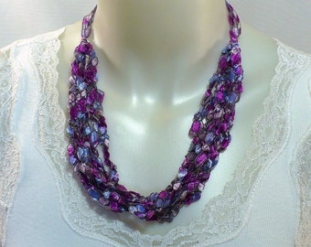 Purple Ladder Yarn Necklace: Crocheted Ribbon Necklace in Orchid & Lilac Shades, Adjustable Length Fiber Necklace, Ready to Ship