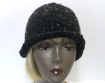 Black Tweed Rolled Brim Hat: Hand Knit Retro Hat, Twenties Style Knitted Cloche, Size S/M Black Knit Bowler, Handmade in the USA