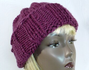 Hand Knit Purple Watchcap: Warm Winter Beanie, Chunky Knit Toque, Slouchy Wool Toboggan, Size S/M Man's or Woman's Knit Hat, Ready to Ship