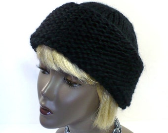 Black Cossack Style Hat: Hand Knit Winter Hat, Man's or Woman's Warm Wool Blend Hat, Cozy Winter Toque, One Size, Ready to Ship