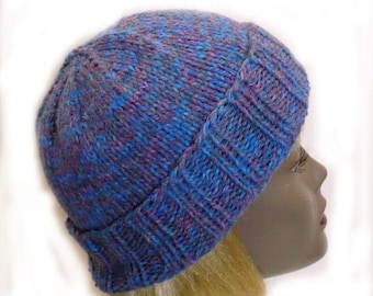 Hand Knit Blue Beanie: Blue & Violet Marled Watchcap, Knitted Toque, Warm Outdoor Hat, Size S, Handmade in the USA, Ready to Ship