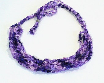 Purple Ladder Yarn Necklace: Crocheted Ribbon Necklace, Handmade Fiber Necklace, Adjustable Lilac Necklace, Friendship Gift, Ready to Ship