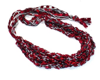 Red Black & Silver Ladder Yarn Necklace: Ribbon Necklace, Fiber Jewelry, OSU Fan Necklace, Buckeye Fan Necklace, Bulldog Fan Necklace