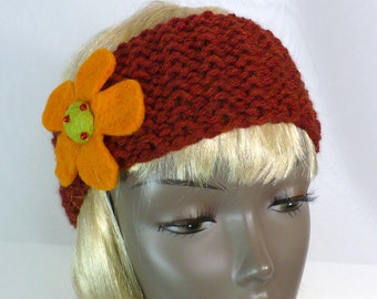 Chunky Knit Headband, Retro Hippie Head Wrap with Flower, Paprika Earwarmer, Boho Headband, Hand Knit Winter Headband, Handmade in the USA