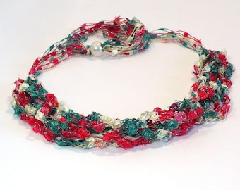 Red White & Green Ladder Yarn Necklace: Adjustable Crochet Ribbon Necklace, Colorful Fiber Necklace, Handmade in the USA