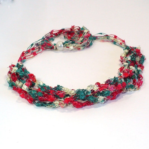 Red White & Green Ladder Yarn Necklace: Adjustable Crochet Ribbon Necklace, Colorful Fiber Necklace, Handmade in the USA