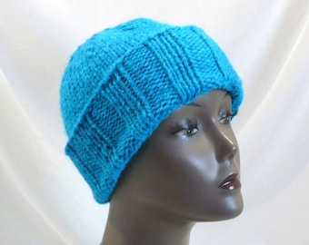 Hand Knit Hat: Bright Aqua Slouchy Hat, Chunky Knit Watchcap, Warm Winter Hat, Man's or Woman's Hat, Size S/M, Ready to Ship