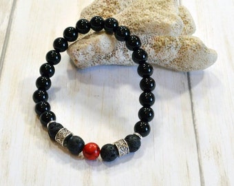 Black Agate & Lava Stone Bracelet: Handmade Stretch Bracelet, Gemstone Bracelet, Unisex, Man's or Woman's Bracelet, Made to Order