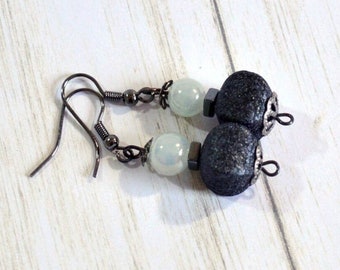 Charcoal & Mint Earrings: Gray Poufs and Czech Glass Beads on Nickle-Free Ear Wires, Woman's Earrings, Handmade in the USA, Ready to Ship