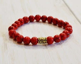 Red Howlite Bracelet: Man's or Woman's Gemstone Bracelet, Handmade Stretch Bracelet, Sized to Fit, Made to Order