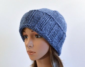 Denim Blue Beanie: Hand Knit Watchcap, Convertible Beanie or Slouchy Hat, Warm Winter Hat, Unisex Style, Handmade in USA, Ready to Ship