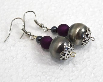 Silver Ball Earrings: Gothic Style Earrings with Silver & Purple Accents, Nickle-Free Ear Wires, Handmade Jewelry, Ready to Ship